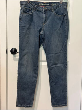 Women's Eddie Bauer Boyfriend Jeans Size 12 Blue with flannel Red Plaid Lining